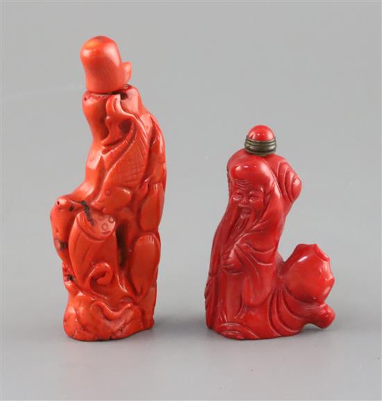 Two Chinese carved coral snuff bottles height 11cm and 7.5cm